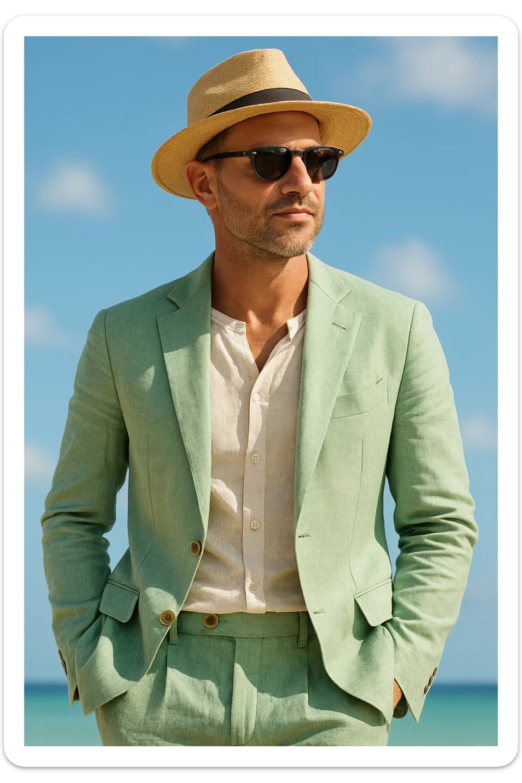 man in a light green linen suit, wearing sunglasses and a straw hat, stylish and relaxed, casual summer vibe sticker