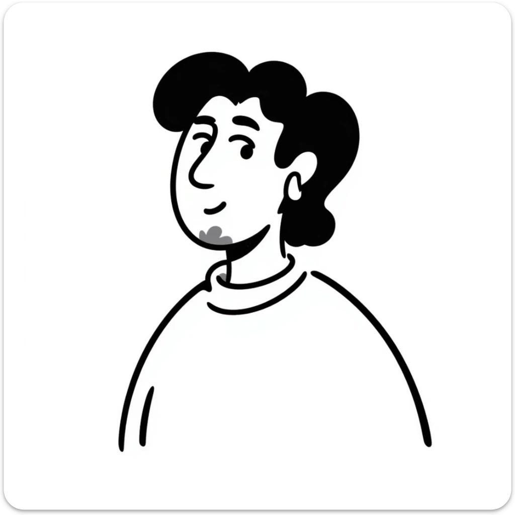 light skin man with a faded beard, wavy hair, and a mullet, wearing a t-shirt and AirPods, hand drawn doodle style sticker