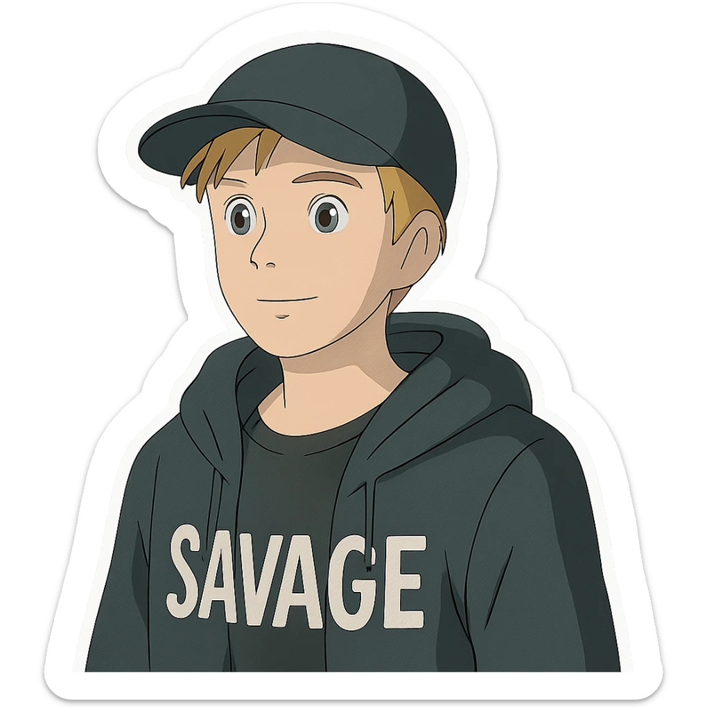 young man with short blonde hair, blue eyes, light skin, dark cap, dark hoodie over a "SAVAGE" t-shirt, white outline sticker effect sticker