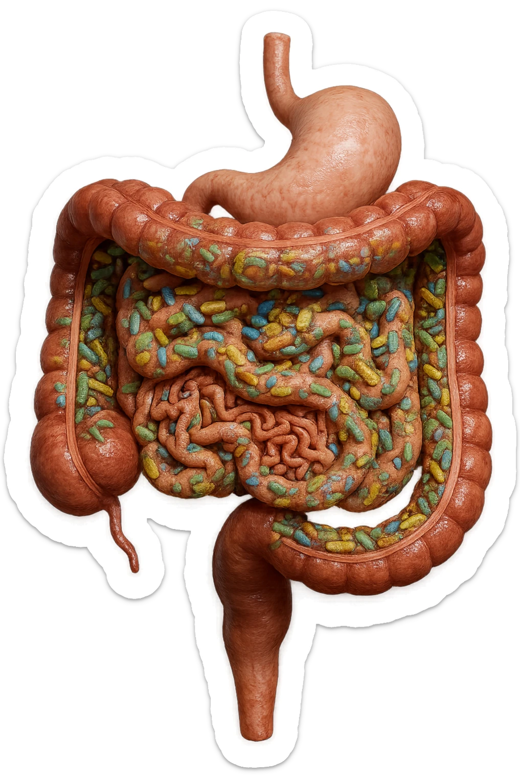 INTESTINO UMANO ANATOMICO CON ALL'INTERNO PIENO DI BATTERI INTESTINALI, IPERREALISTICO 4K sticker