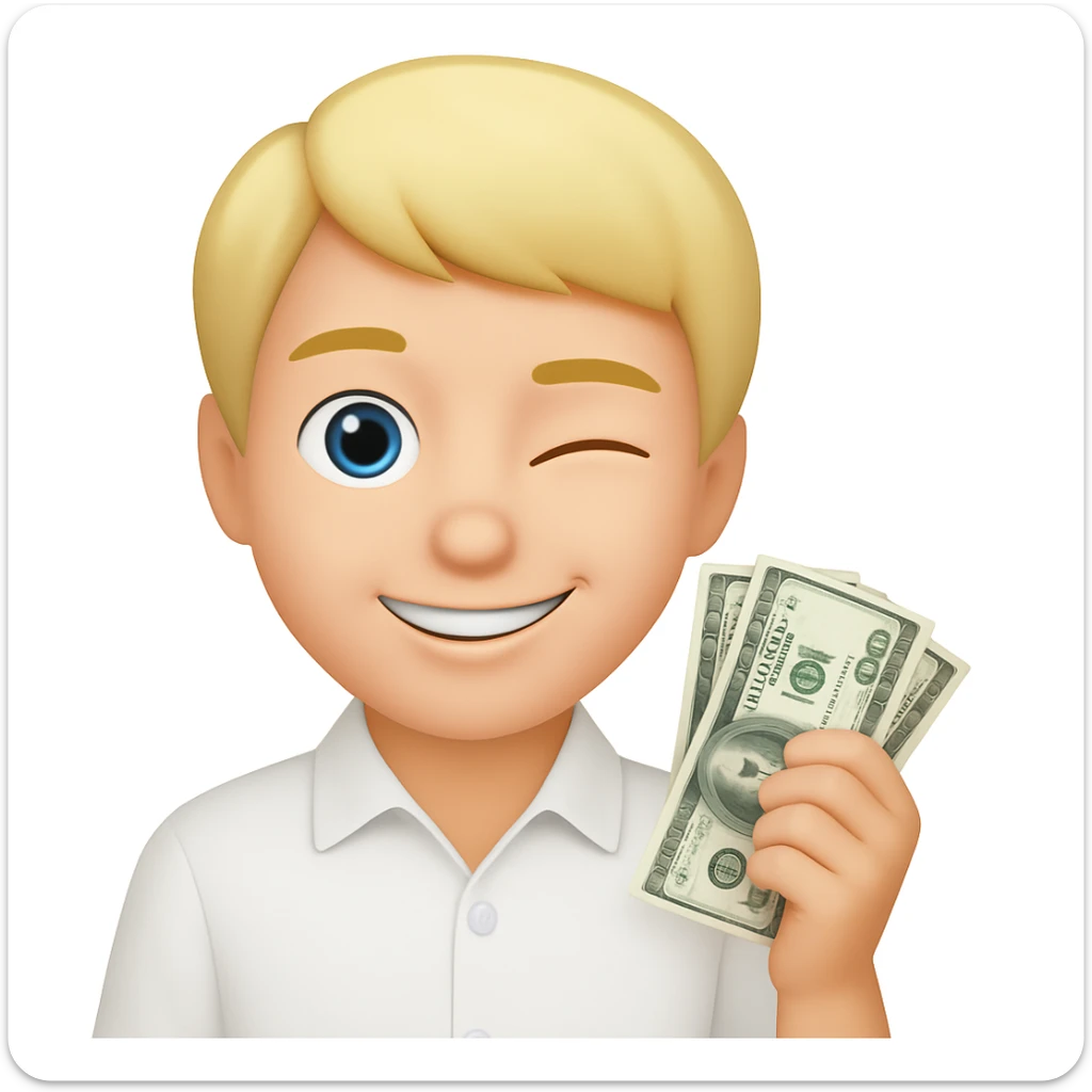 Emoji style, blonde man, blue eyes, white shirt, holding money, winking, no facial hair sticker