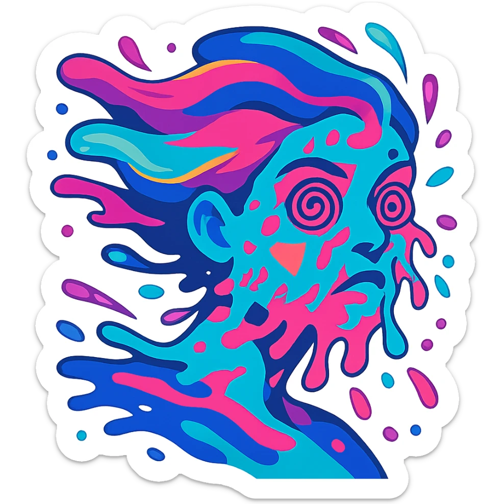 surreal portrait, neon turquoise and electric pink skin, face melting into swirling paint particles, hair as liquid aurora, spiral eyes, geometric shapes on face, dynamic movement sticker