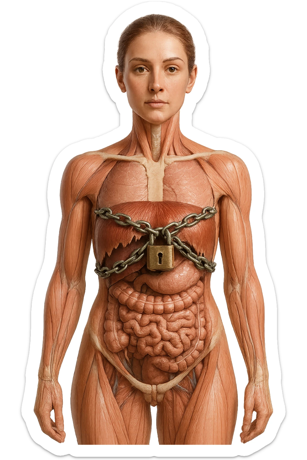 corpo umano anatomico di una donna con diaframma in evidenza, diaframma chiuso da catena e lucchetto, iperrealistica 4k sticker
