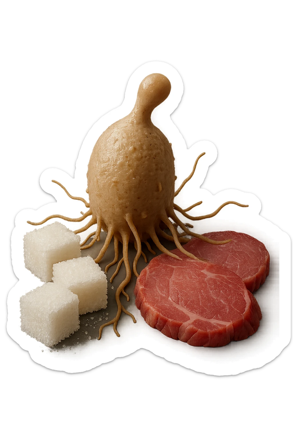 un batterio della candida si nutre di zollette di zuccheri e fettine di carne, IPERREALISTICO 4K sticker