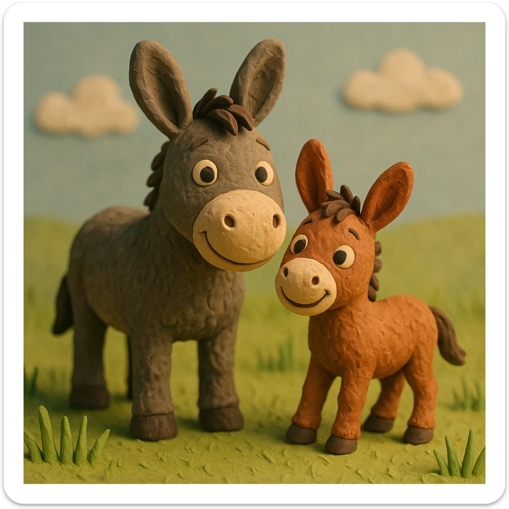 donkey and foal together, cute and cheerful, detailed fur, in a grassy meadow, claymation style sticker