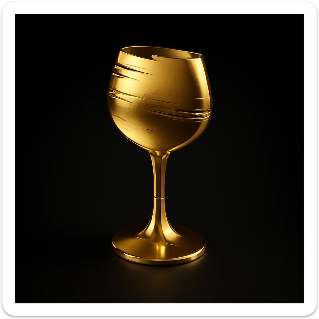 Create a simple and luxurious icon style of a wine glass silhouette in gold color on a black background, inspired by the third reference wine glass. sticker