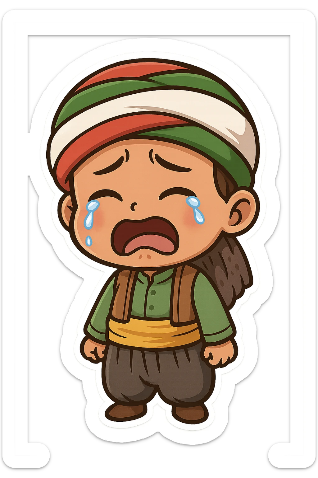 Cartoon sticker of a Kurdish child in traditional Kurdish child clothing, colorful and cheerful style, sad face with crying expression, no text, suitable for WhatsApp and Instagram, transparent background. sticker