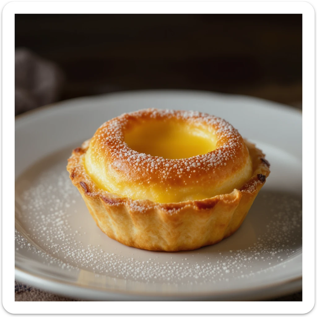realistic illustration of a typical Portuguese pastry, pastel de nata, golden custard tart in a flaky crust, professional photography style sticker
