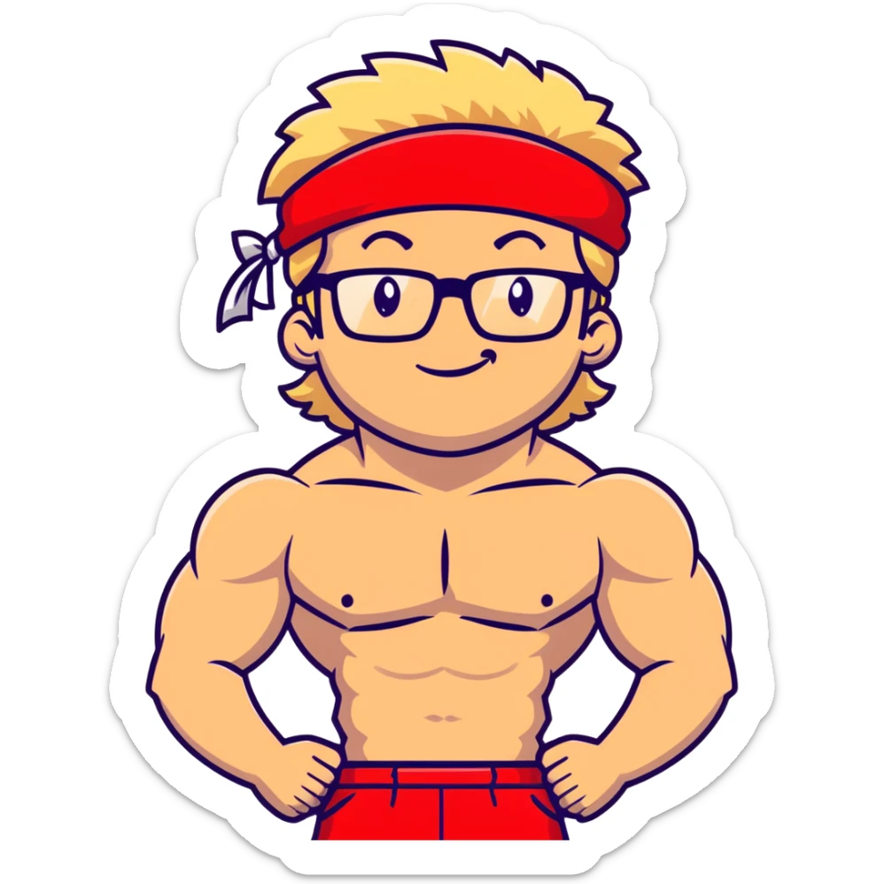 Man with black and white cap, shirtless muscular body, red shorts, clear glasses, messy light blond mullet hairstyle, flexing muscles and smiling sticker