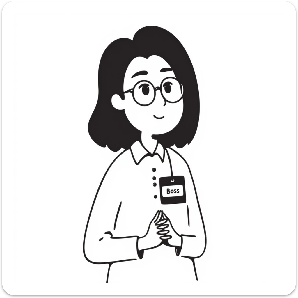 Asian girl, glasses, white shirt, work tag with her Asian young male boss's name, simple line drawing style sticker