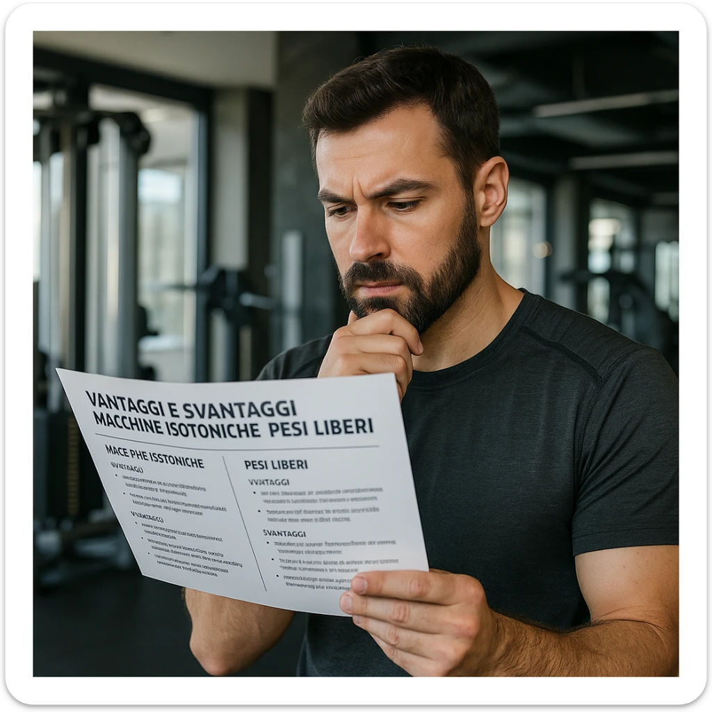 Realistic detailed scene of an adult man in a modern gym holding an informative brochure with Italian text about advantages and disadvantages of isotonic machines and free weights, reflective expression, 4K quality. sticker