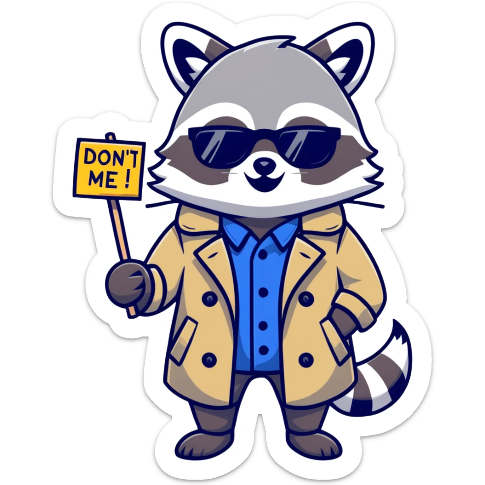 Raccoon in a trench coat and sunglasses holding sign saying “Don’t mind me, I’m here for the recs” sticker