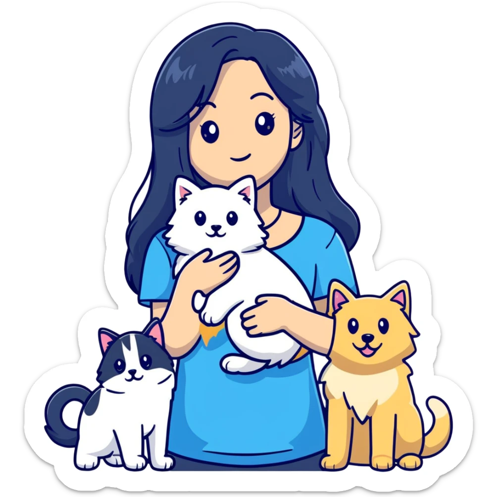 Woman with long black hair holding a blue and white long-haired cat and a golden retriever dog sticker