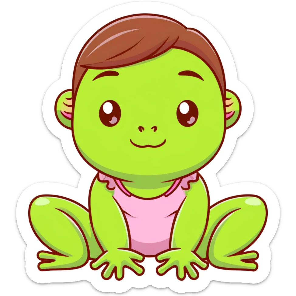 Cute frog in a pink room with the sun shining and a little brunette girl hanging about  sticker