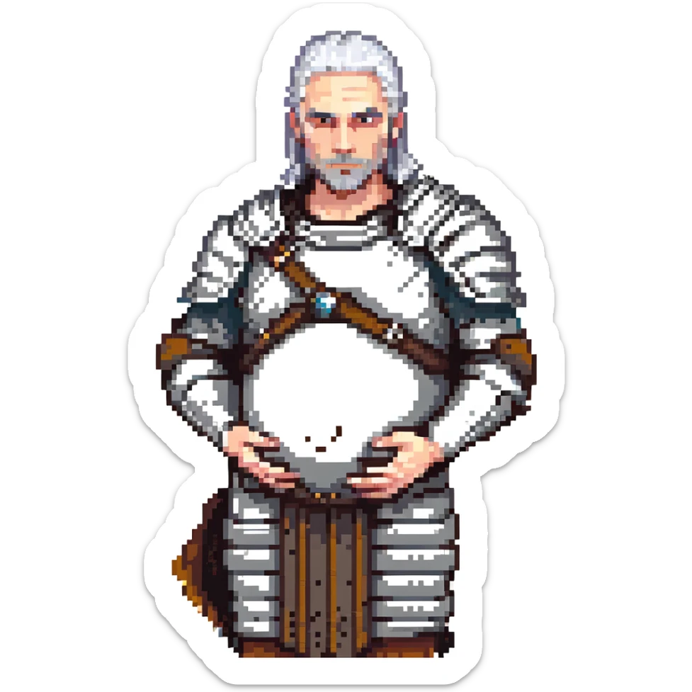 Geralt of Rivia holding his pregnant belly, pixel art style, silver hair, medieval armor, simple background sticker