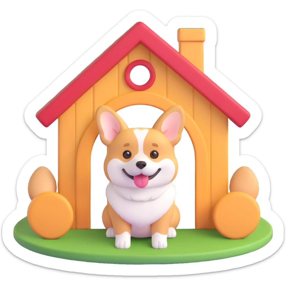 red dog house with a Corgi dog sitting at the entrance, 3D emoji style sticker
