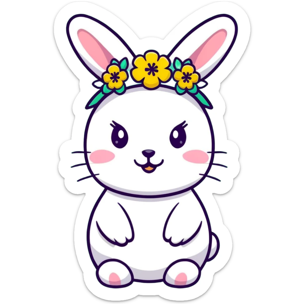 rabbit with a flower crown, surrounded by wildflowers, May Day festival, cheerful expression sticker