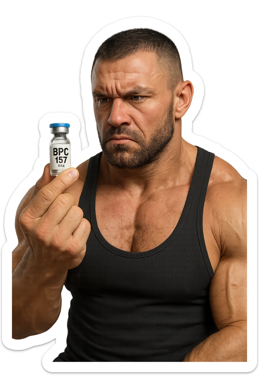 BODYBUILDER CHE TIENE IN MANO UNA FIALA MEDICA CON la scritta "BPC 157" SULL'ETICHETTA E LA GUARDA DUBBIOSO, iperrealistico 4k sticker