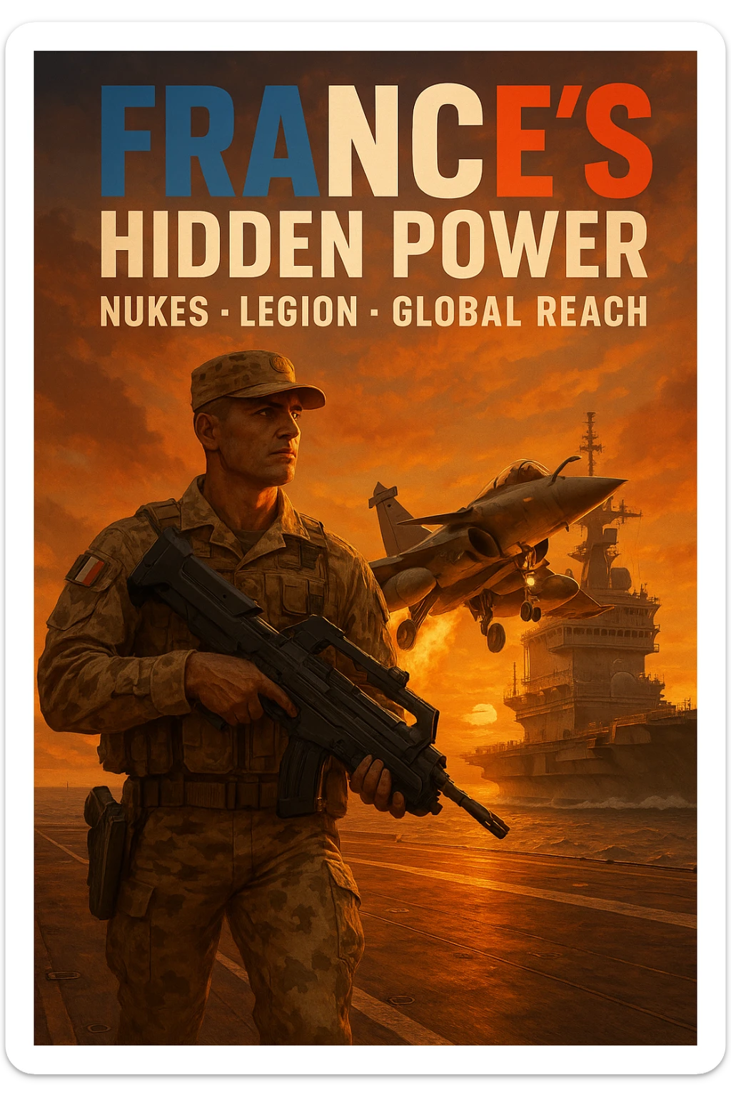 cinematic sunset of Rafale jet launching from French carrier with orange glow, foreground featuring a Foreign Legionnaire in desert camouflage holding a futuristic weapon, bold tricolor text 'FRANCE’S HIDDEN POWER' with subtext 'Nukes • Legion • Global Reach', epic, 8K resolution sticker