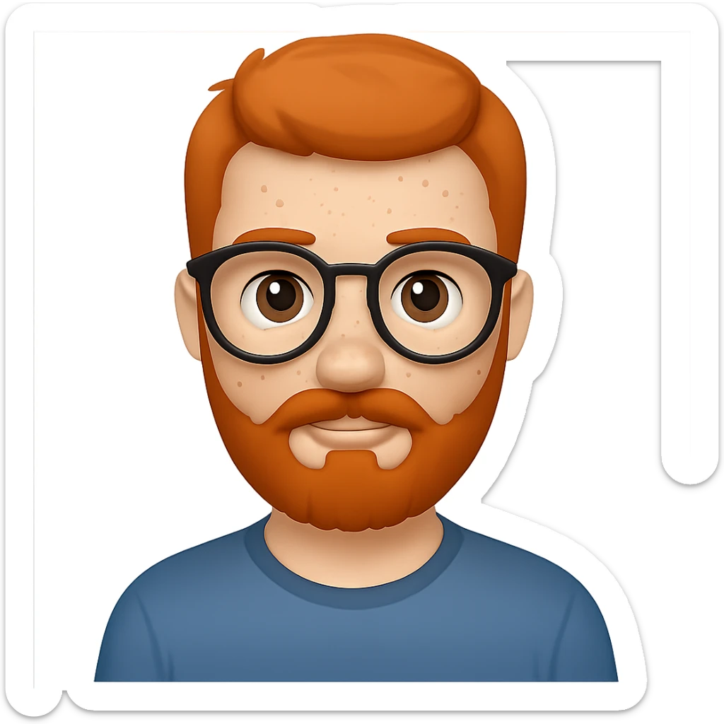 Add glasses to the freckled man with beard in emoji style, no background. sticker