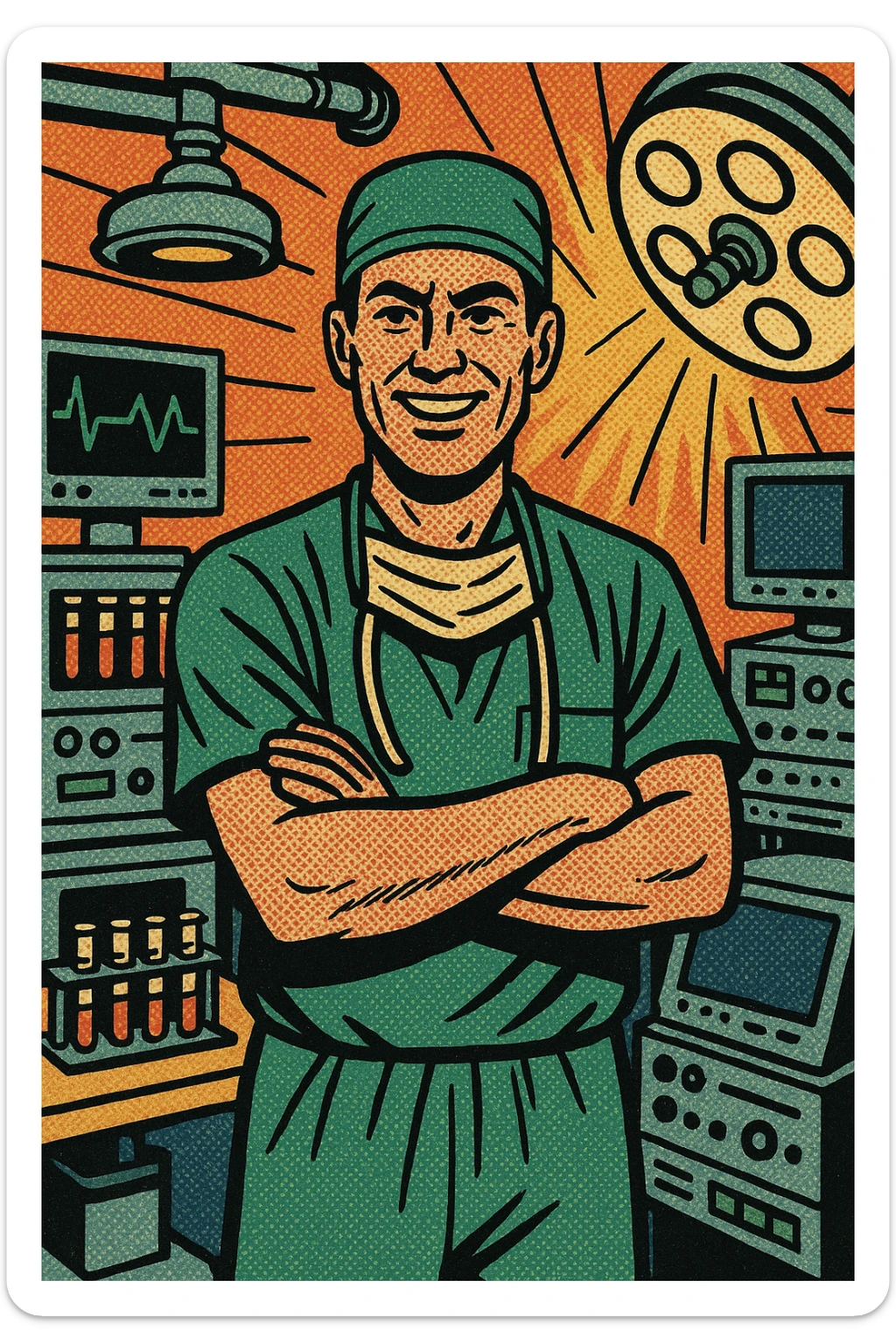 A male doctor standing in the middle of a hospital surgery room.  In the room are computers, heart monitors, a rack of test tubes and other types of medical technology. sticker