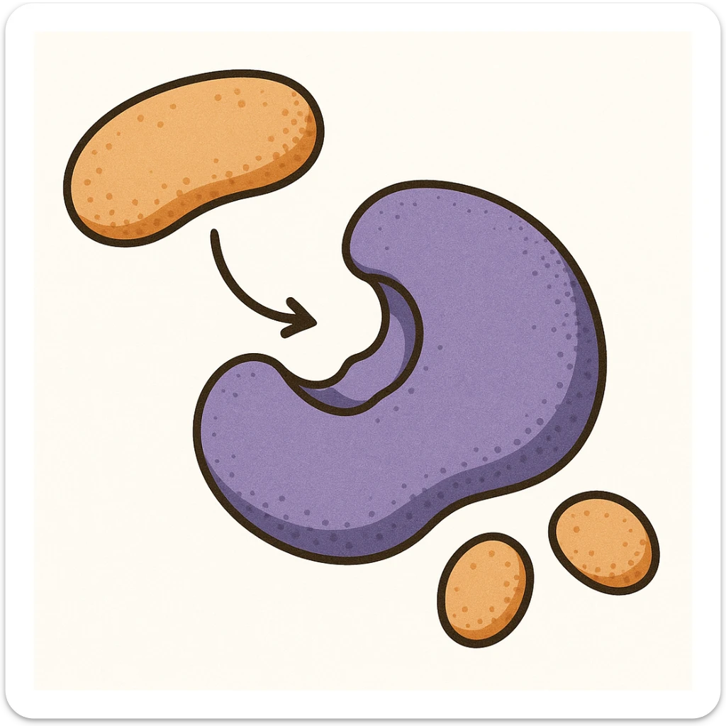 Ultra-detailed scientific illustration  (like in a school book) of enzyme digestion. Macro molecular view, clean white background, no text, no human figures or cartoon characters. Purely biological focus. sticker