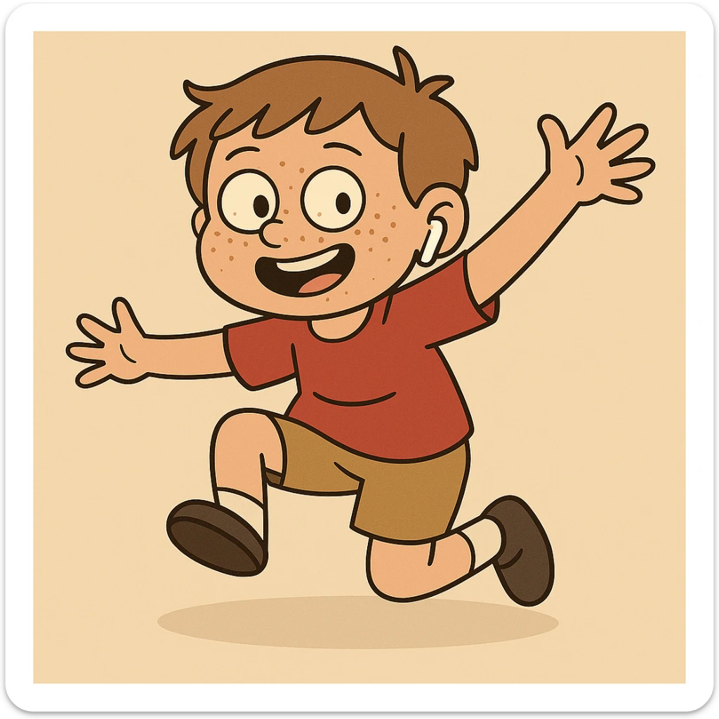 Add freckles to the boy's face and one AirPod in his right ear, keep the cartoon style consistent with flat toon style. sticker