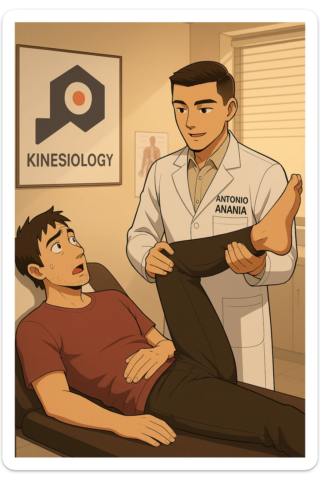 fai un webtoon manga a colori con questo stile, in cui un uomo è steso sul lettino medico e il kinesiologo con il camice bianco (fagli anche la scritta "ANTONIO ANANIA" SUL CAMICE, gli solleva una gamba per fargli il test neuromuscolare, IL KINESIOLOGO SPIEGA ALL'UOMO UNA cosa mentre gli alza la gamba. non fare i fumetti però, fai solo in modo che sembri stiano parlando sticker