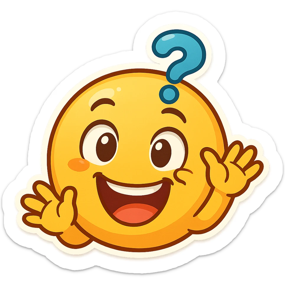 funny emoji for a kids quiz, playful, bright colors, big smile, cartoon style sticker