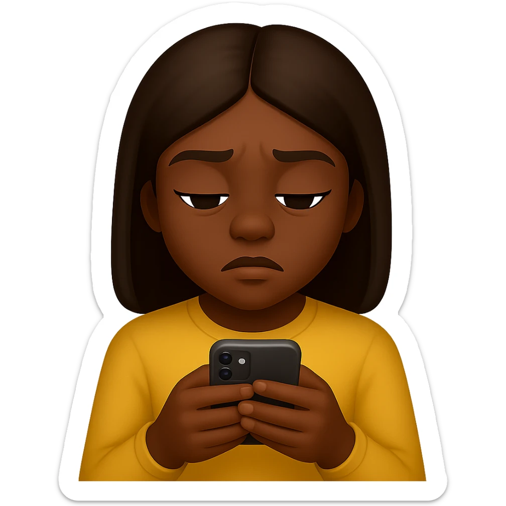 Create an image of a girl addicted to her phone with a deep skin tone in the style of emoji style. The style should reflect the characteristics of emoji style, focusing on the look and feel of emoji illustrations. sticker