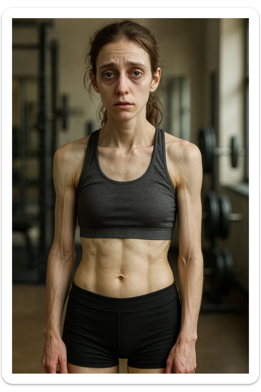 3D realistic vertical illustration of a young athletic woman in sportswear standing in a gym. Her body appears lean but slightly fatigued, with visible muscle loss and a tired expression. Subtle details like dark circles under her eyes, pale skin, and a slouched posture suggest underfueling. The lighting is soft and natural, with gym equipment blurred in the background. sticker