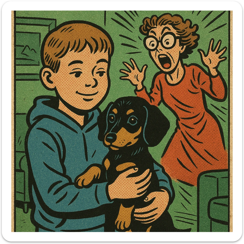 A modern day 10 year old wearing a blue hoodie with a black and tan puppy dachshund in a green living room with a crazy mum wearing big glasses in the background sticker