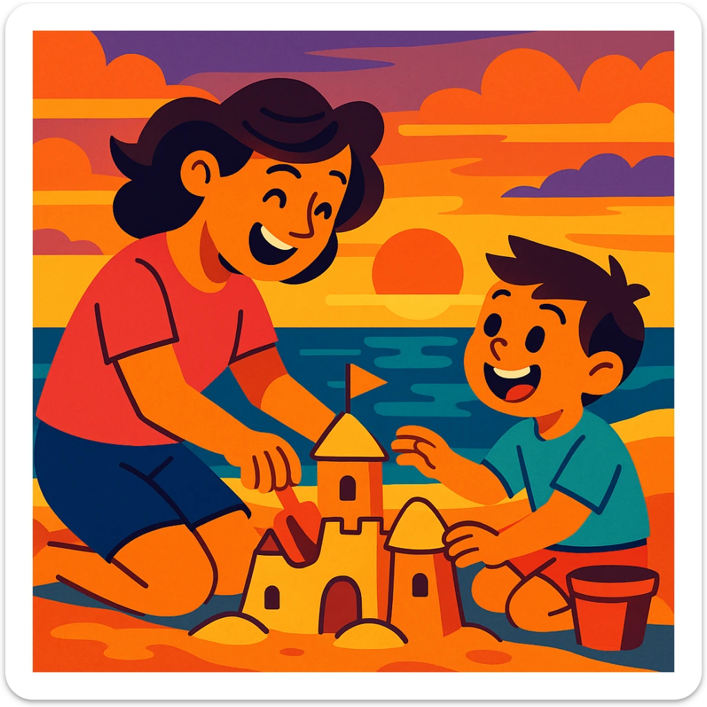 Cartoonish mother and son building a sandcastle together at sunset, playful and joyful sticker