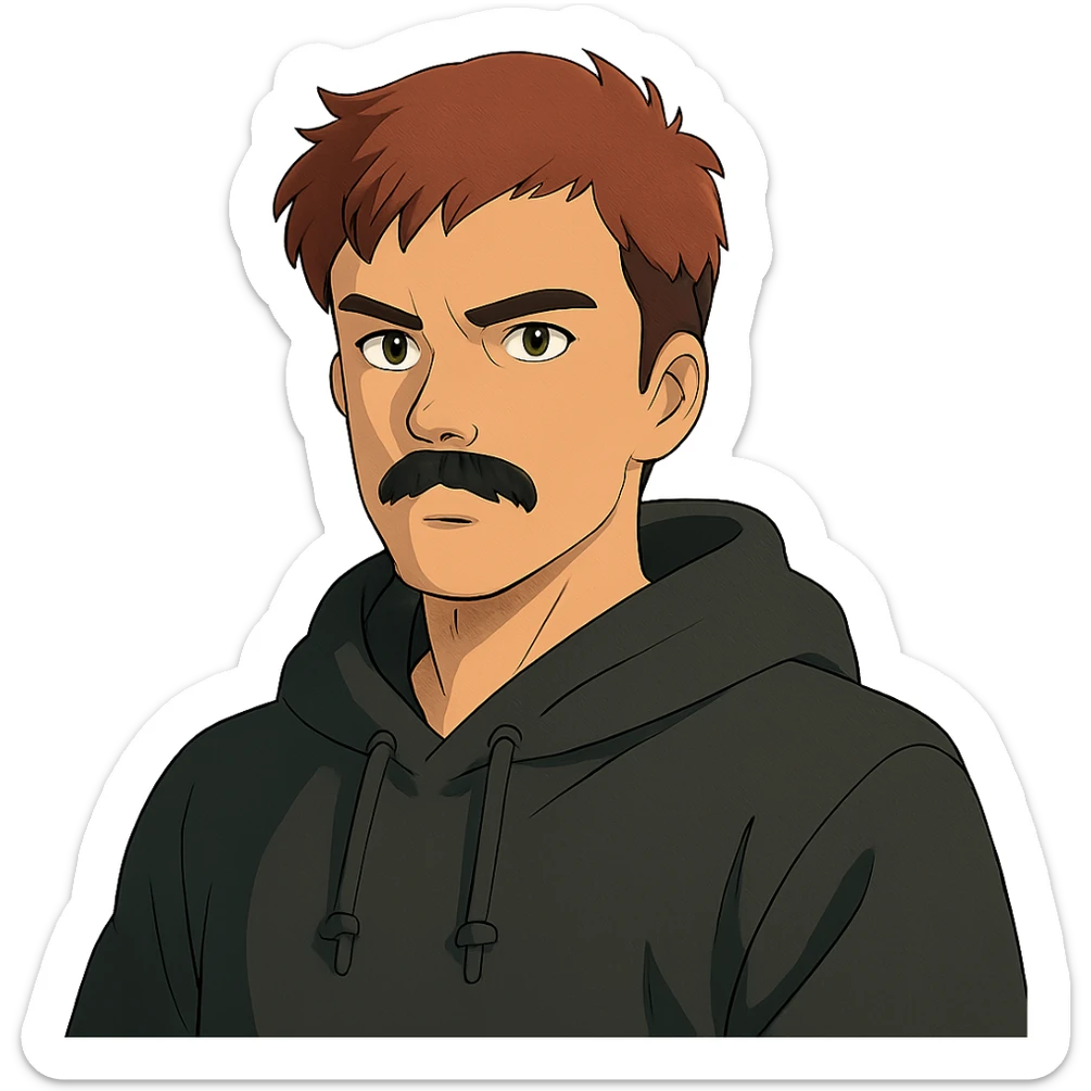 Asian man with black mustache, red hair, wearing a black hoodie, in 80's Japanese cyberpunk anime style sticker