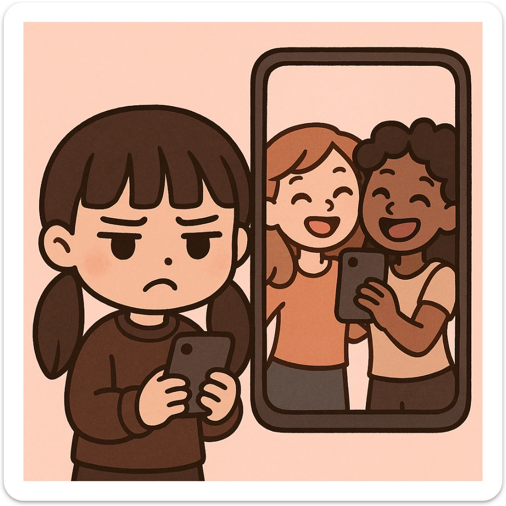 cute cartoon girl with long dark hair in low pigtails and blunt bangs, dark brown clothes, holding a phone and looking upset; enlarged phone screen beside her shows two friends taking a happy selfie; soft, minimal pink background; charming and expressive style; focus on jealousy sticker