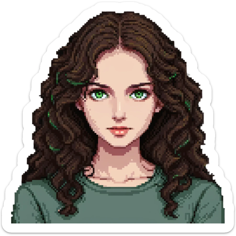 portrait of a woman with wavy dark brown hair and green eyes sticker