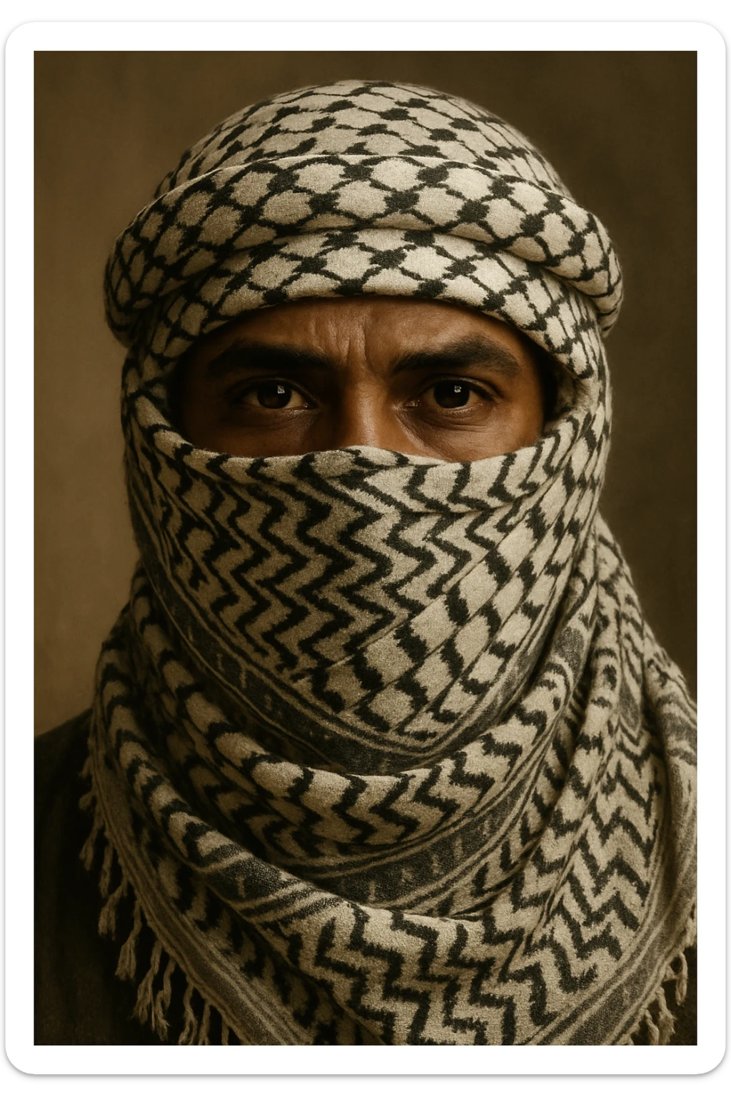 A brown man with a Palestinian scarf (keffiyeh) wrapped around his entire face, leaving only the eyes visible, traditional Palestinian style sticker