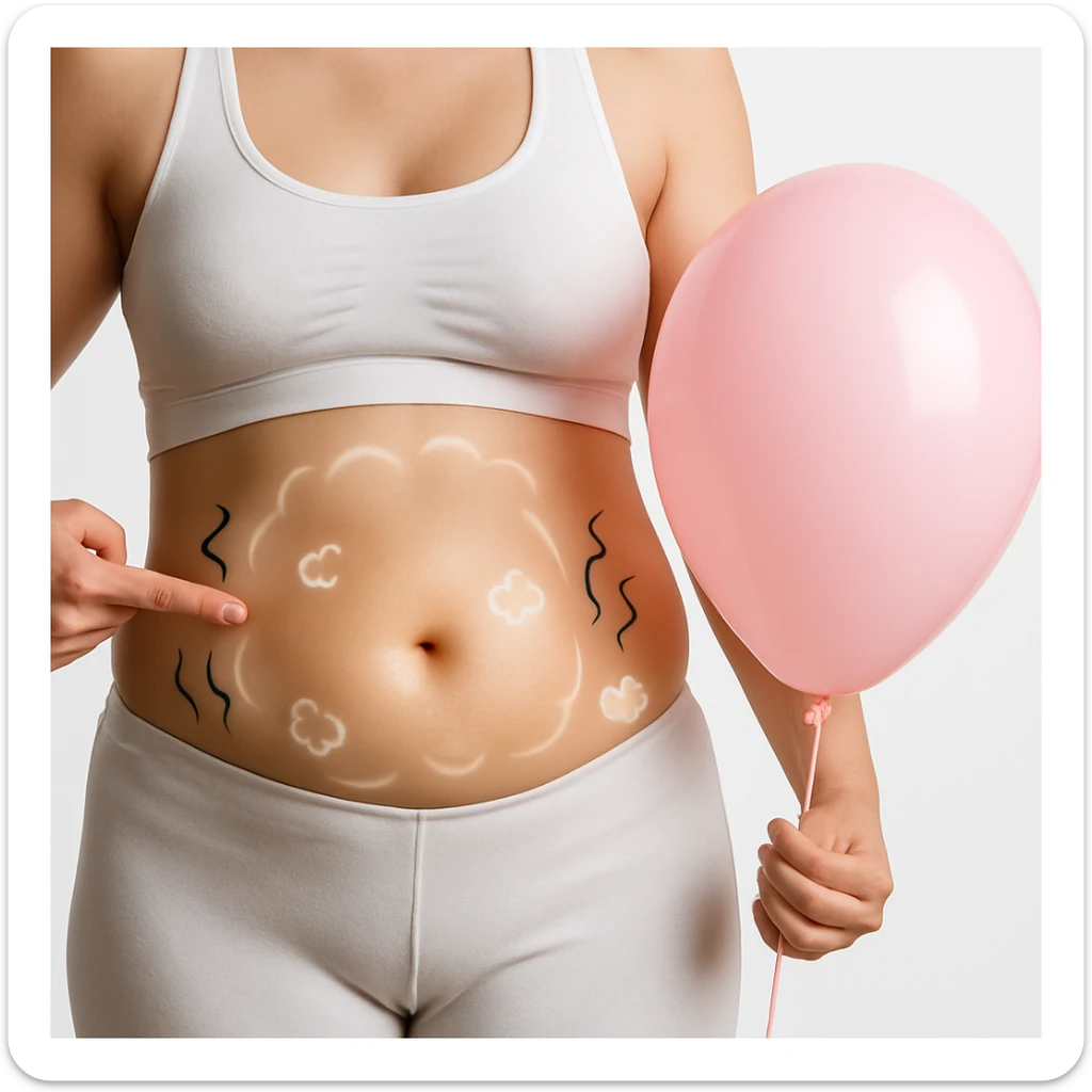 Realistic style edit of the woman identical to the photo with a visibly swollen belly. Include symbols of bloating such as curved lines, small clouds, or a glow around the abdomen area. sticker