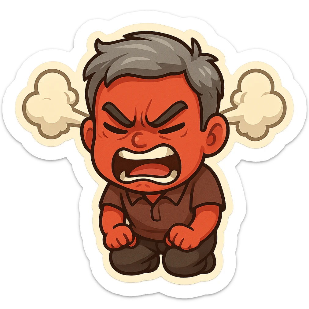 a red-skinned man with gray hair, extremely angry, steam coming from ears, cartoon style sticker