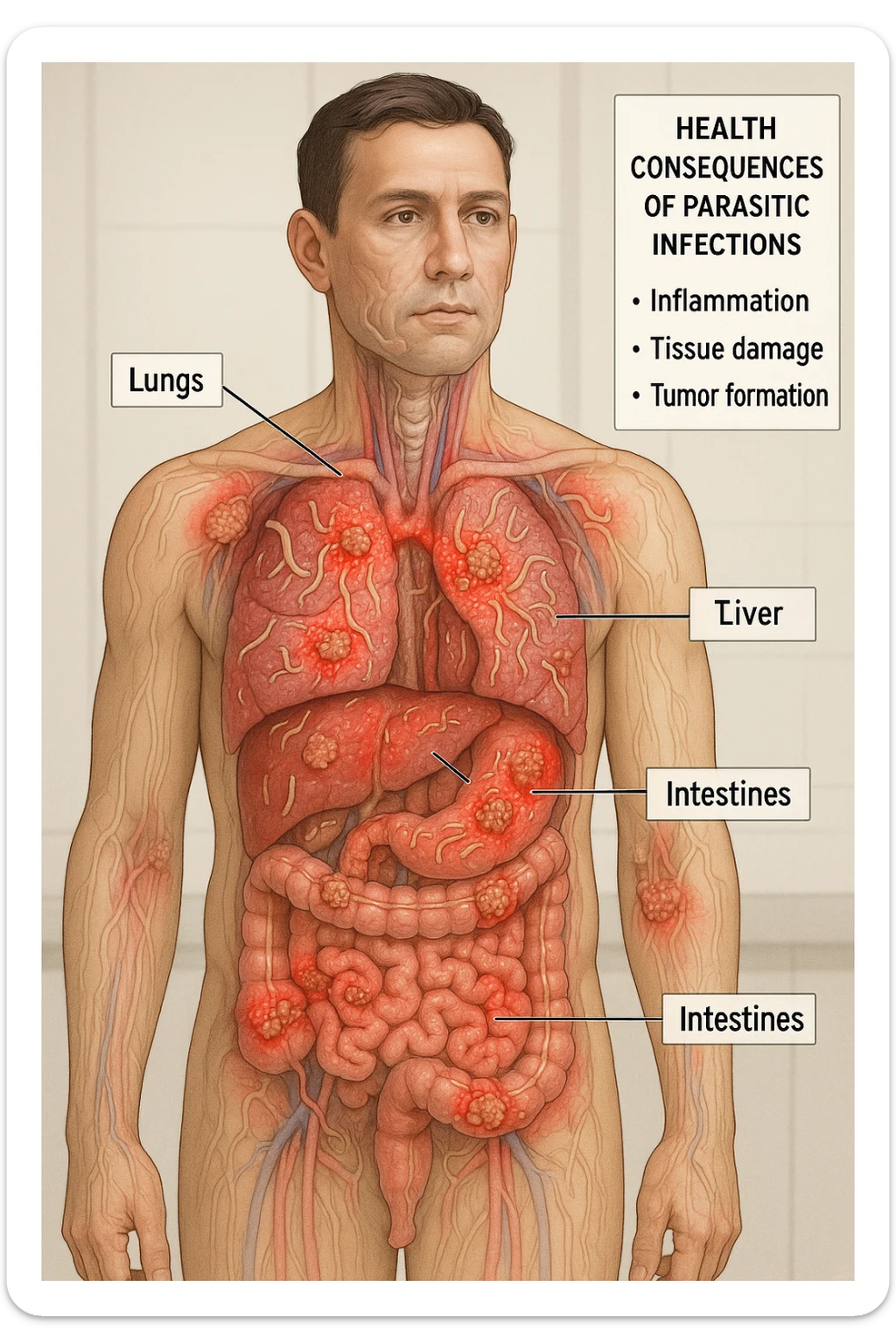 a semi-transparent view of a man’s body reveals numerous parasitic organisms inside his organs and tissues. Some areas are highlighted with red or inflamed zones, and small tumor-like masses are visible where the parasites cluster. The background is clinical and educational, with labels pointing to affected organs and a sidebar showing the health consequences. sticker