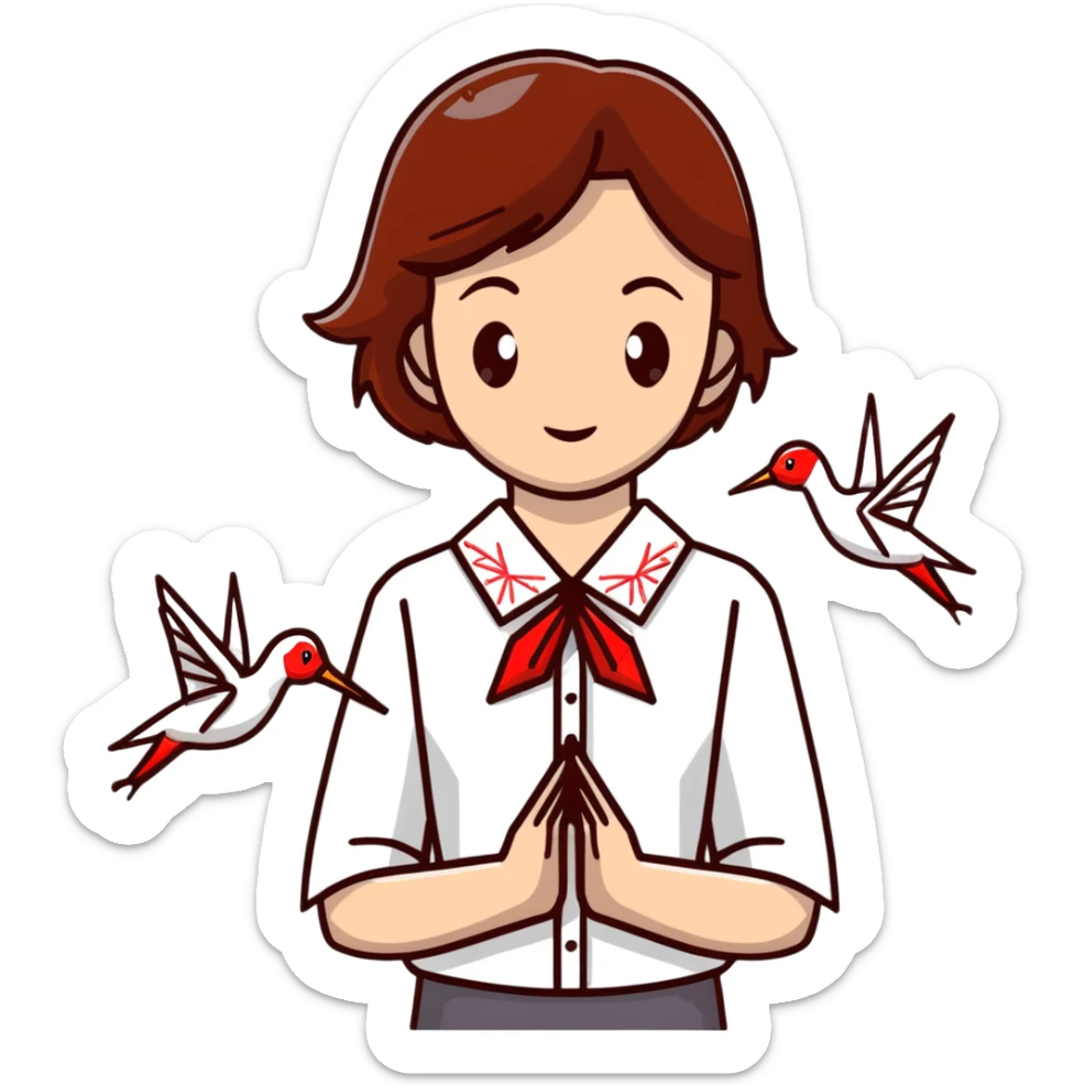 Ukrainian young girl with brown hair wearing a white embroidered shirt holds an origami red crane sticker