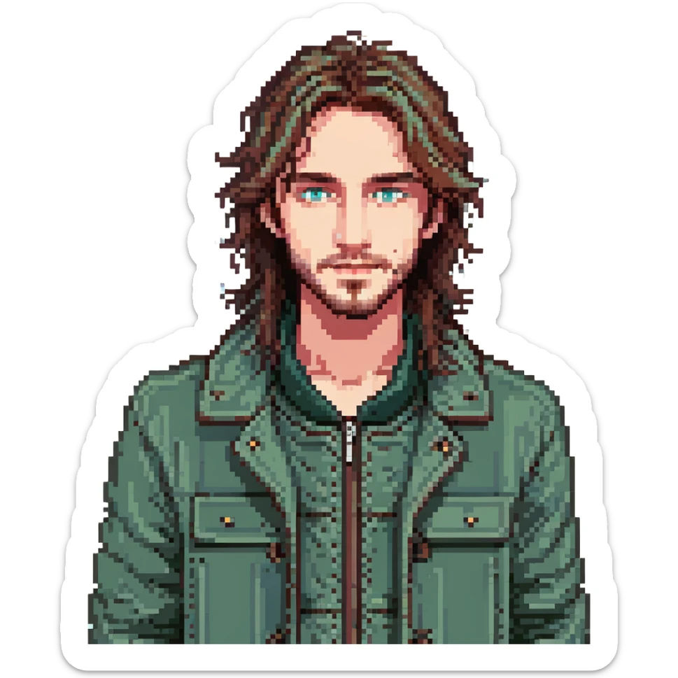 male with long messy brown hair, small facial hair, greyish blue eyes, wearing a green jacket sticker