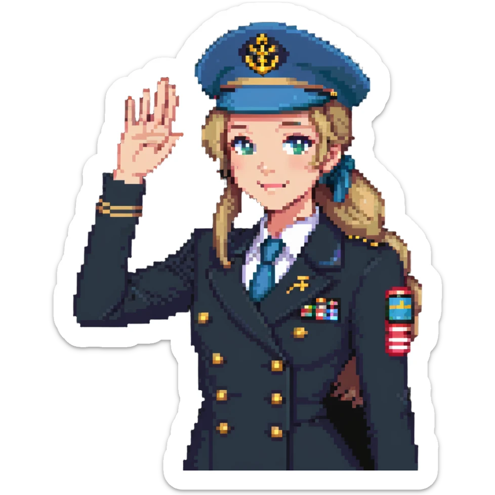 girl with dirty blonde ponytail, cruise captain uniform, waving at the camera sticker