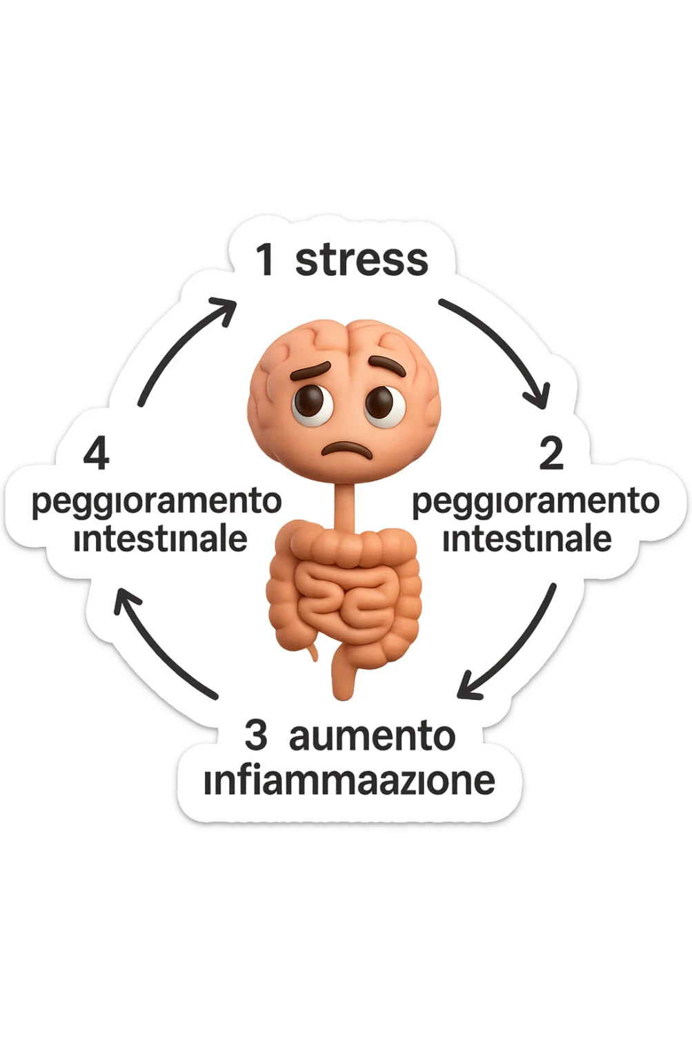 EMOJI STILE IPHONE 3D DI un cerchio con queste scritte che girano intorno in ordine per come li ho scritti "1. stress → 2. peggioramento intestinale → 3. aumento infiammazione → 4. peggioramento sintomi intestinali e sistemici." al centro del cerchio metti un cervello e intestino umani collegati verticalmente con espressione dubbiosa in volto, FALLO MOLTO REALISTICO IN 3D sticker