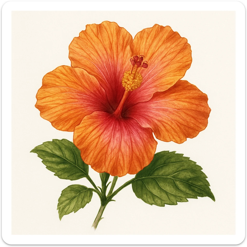 realistic hibiscus flower with orange and pink petals, detailed botanical illustration sticker