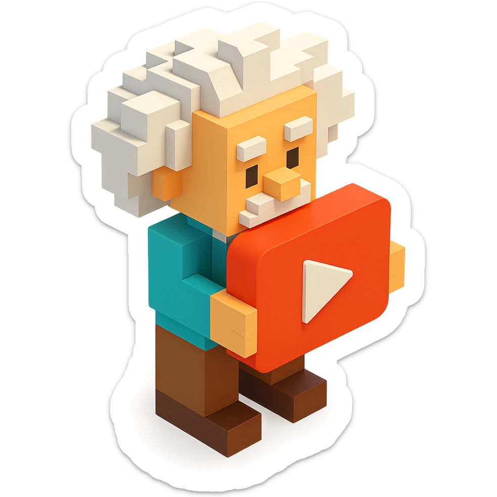 voxel style Albert Einstein holding a red YouTube play button, isometric view sticker