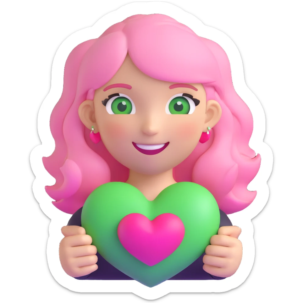 girl with pink and white hair, green eyes, smiling, holding a heart, 3D emoji style sticker