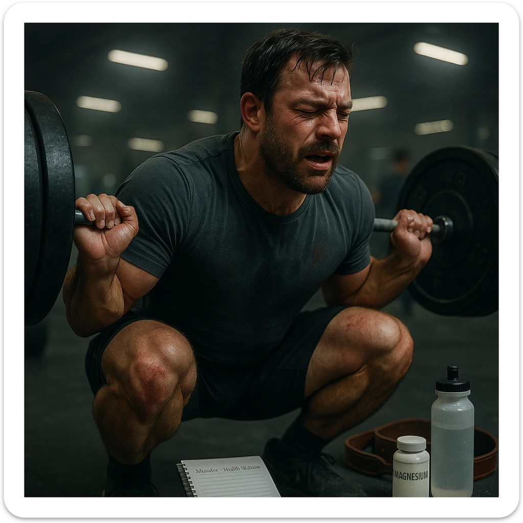 Inspired by the style and color palette of the provided image, depict a muscular 30-year-old man performing a heavy squat in a gym, sweaty, hands with chalk, diary nearby, dark circles and redness on joints. On the floor: water bottle, magnesium, belt. Background: blurred real gym with cold lighting. Cinematic realism. sticker