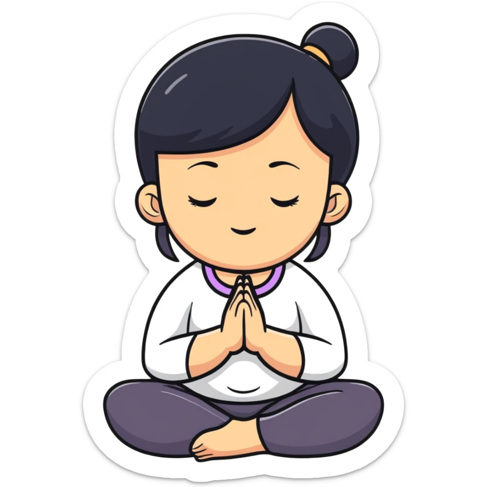 White girl with black hair in meditation pose, peaceful self care wellness moment sticker