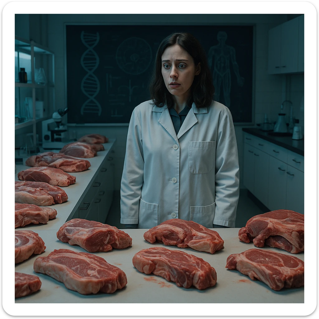 scientific laboratory with countertops full of ambiguous pork cuts, a woman looking at the meat with terrified gaze, background with a blackboard showing DNA and human anatomy drawings, bluish lighting, psychological atmosphere, 4K quality sticker